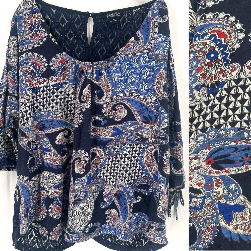 Lucky Brand Womens Floral boho‎ lace button back Knit Top Blouse Blue 2X Peasant
